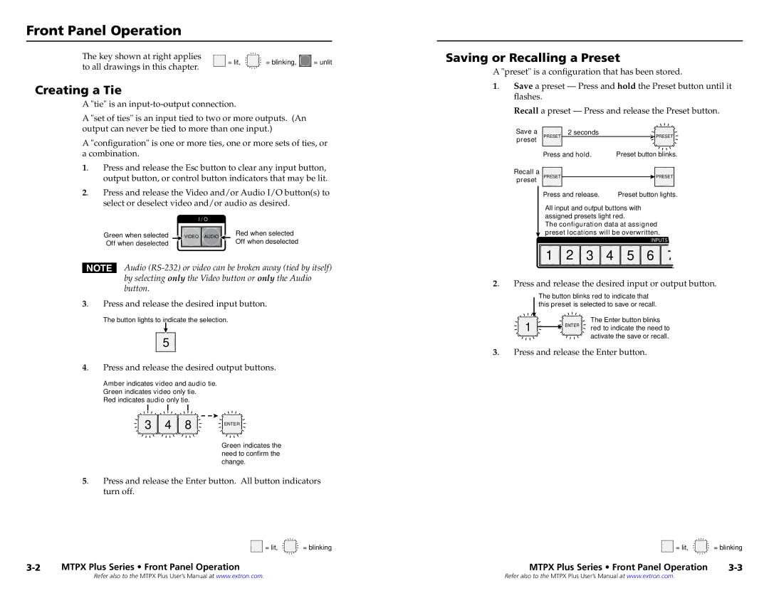 Extron electronic MTPX PLUS 3216, MTPX PLUS 816 Front Panel Operation, Creating a Tie, Saving or Recalling a Preset 