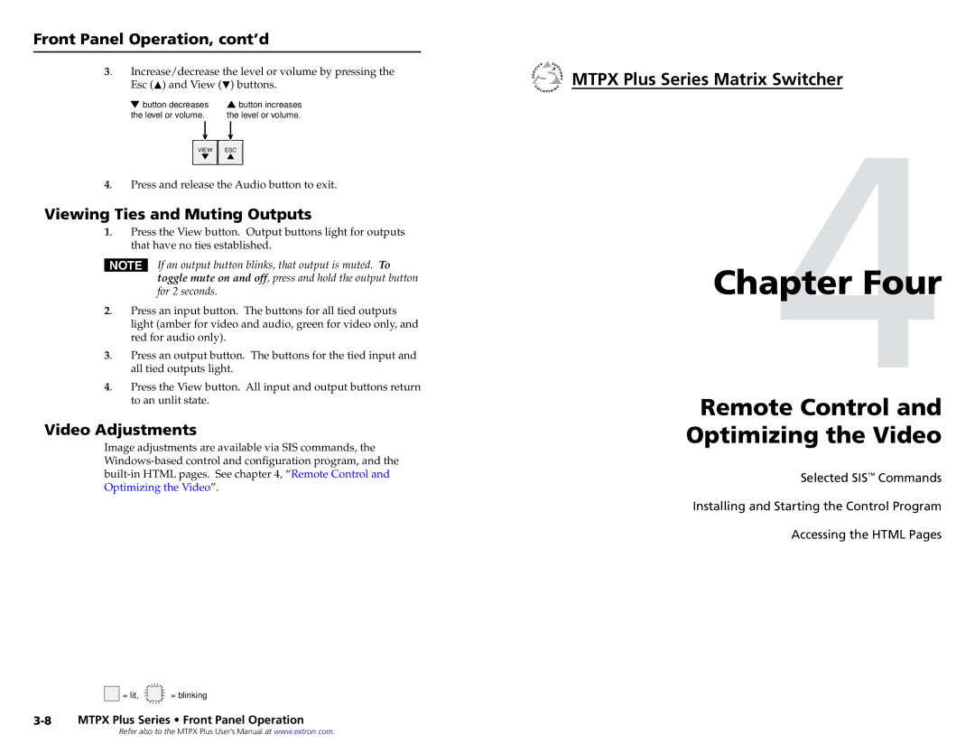 Extron electronic MTPX PLUS 168 Front Panel Operation, cont’d, Viewing Ties and Muting Outputs, Video Adjustments 