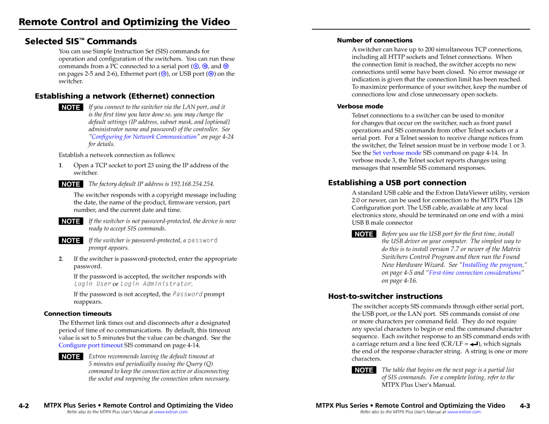 Extron electronic MTPX PLUS 1616, MTPX PLUS 816 setup guide Remote Control and Optimizing the Video, Selected SIS Commands 