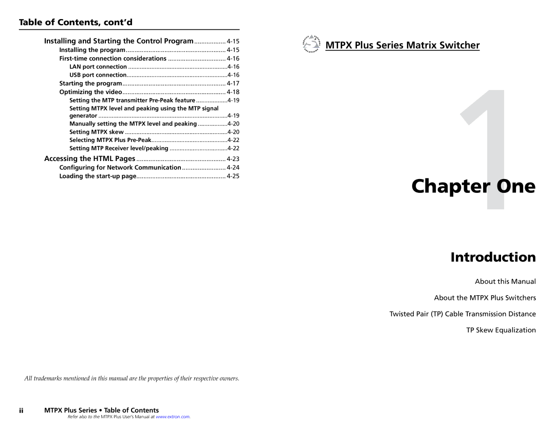Extron electronic MTPX PLUS 3216, MTPX PLUS 816, MTPX PLUS 168 Mtpx Plus Series Matrix Switcher, Table of Contents, cont’d 