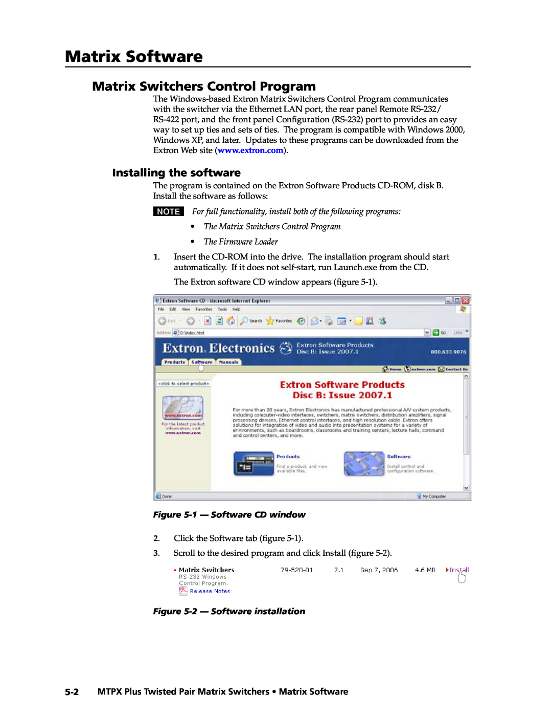Extron electronic MTPX Plus Series manual Matrix Software, Matrix Switchers Control Program, Installing the software 