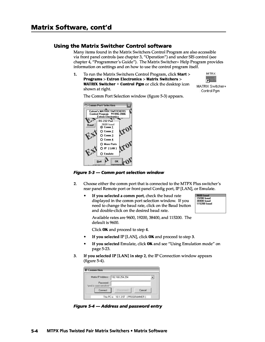 Extron electronic MTPX Plus Series manual Matrix Software, cont’d, Using the Matrix Switcher Control software 