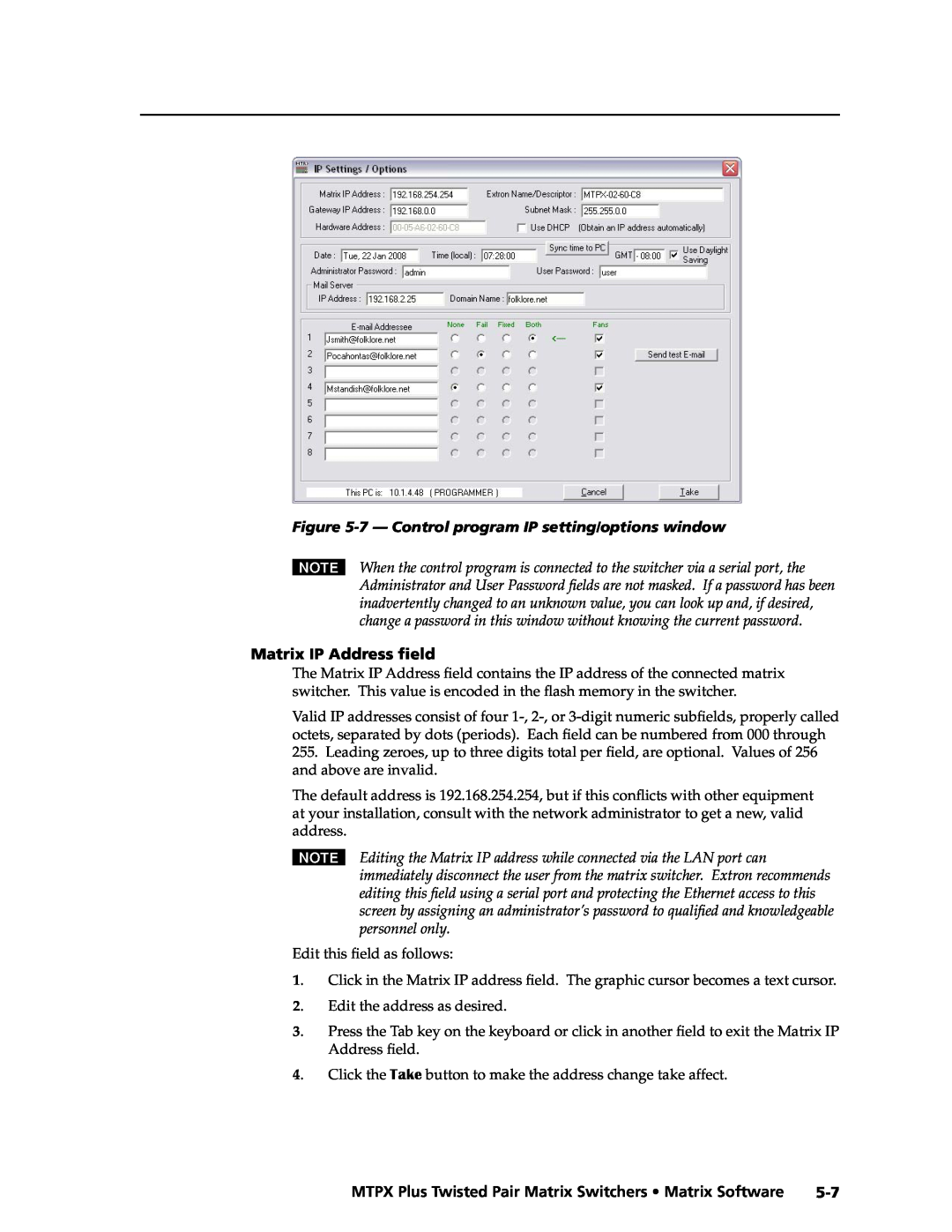 Extron electronic MTPX Plus Series manual 7 - Control program IP setting/options window, Matrix IP Address field 