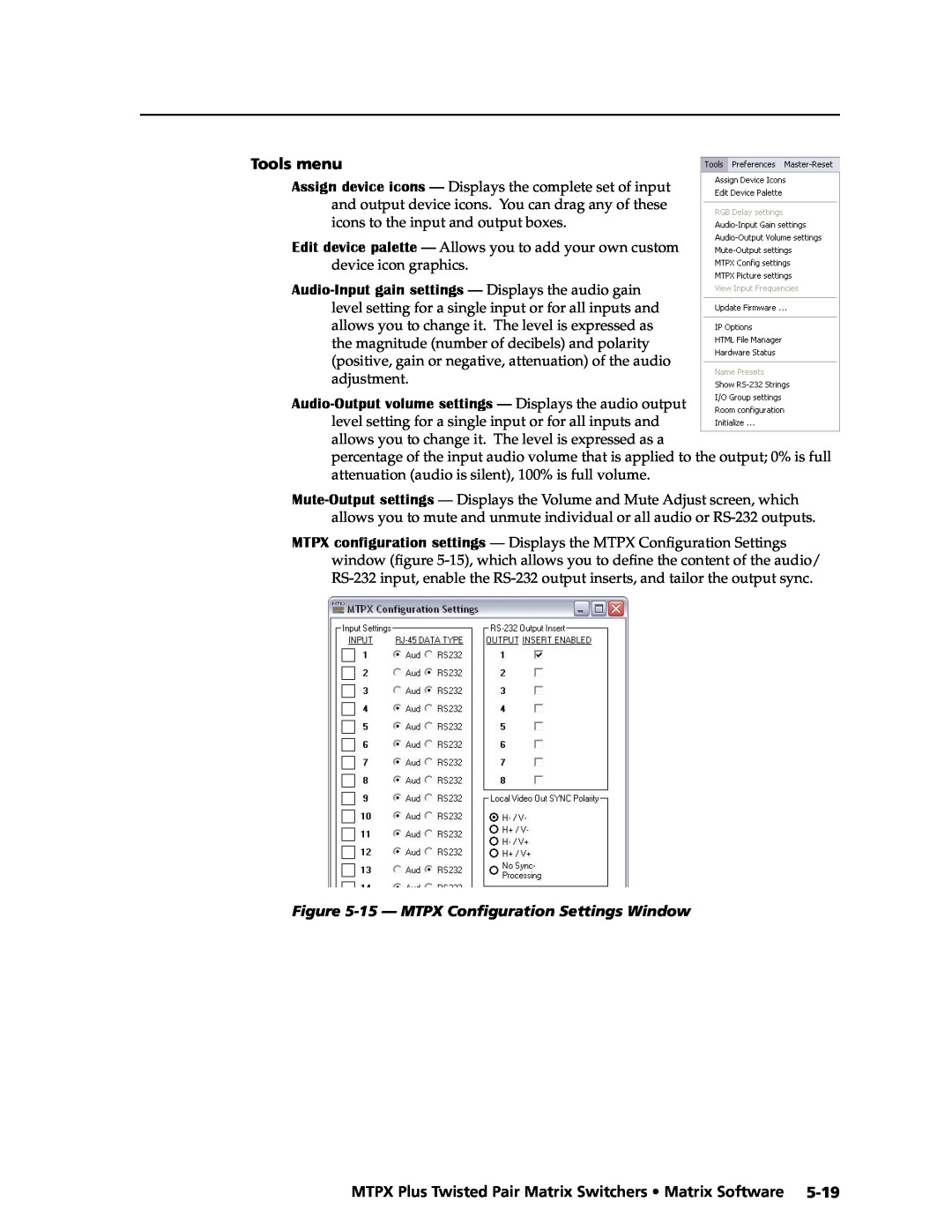 Extron electronic MTPX Plus Series manual Tools menu, 15 - MTPX Configuration Settings Window 