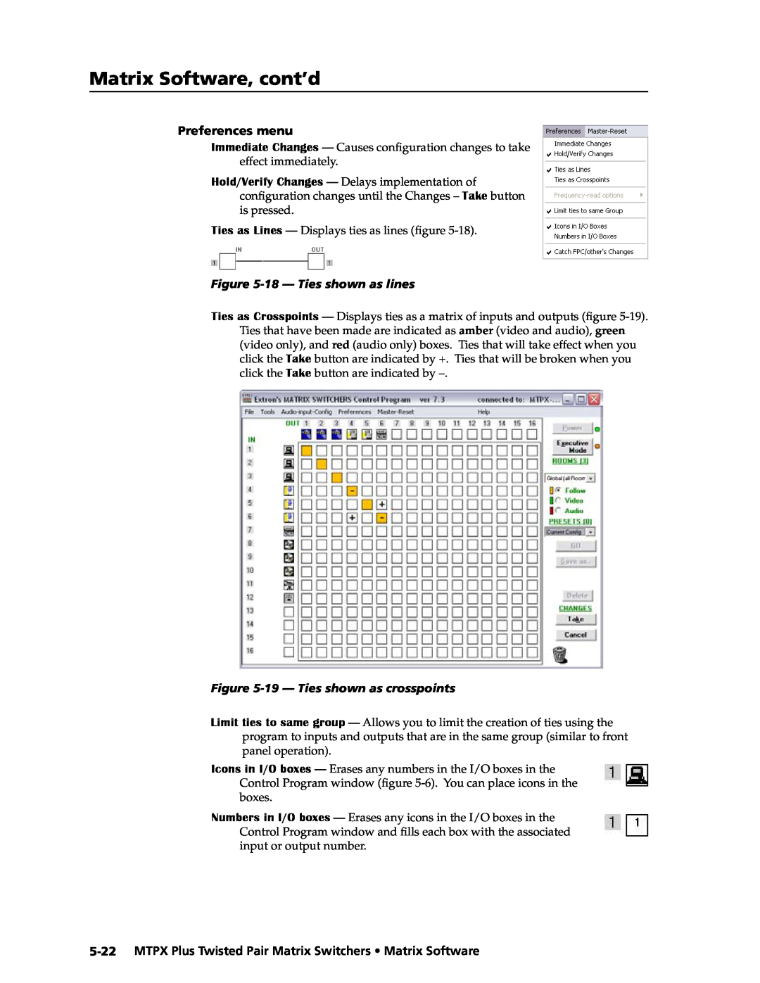 Extron electronic MTPX Plus Series manual Matrix Software, cont’d, Preferences menu, 18 - Ties shown as lines 