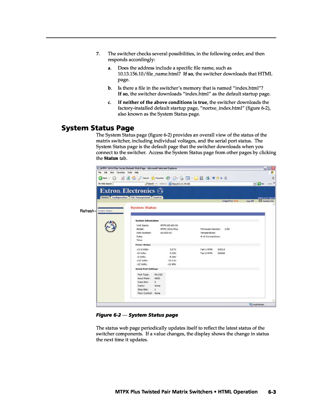 Extron electronic MTPX Plus Series manual System Status Page, 2 - System Status page 