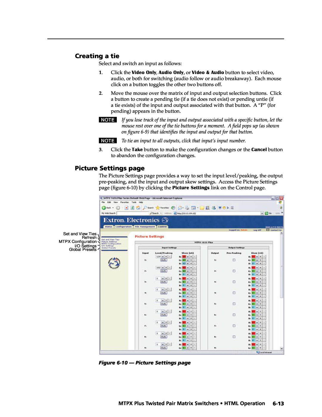 Extron electronic MTPX Plus Series manual Creating a tie, 10 - Picture Settings page 