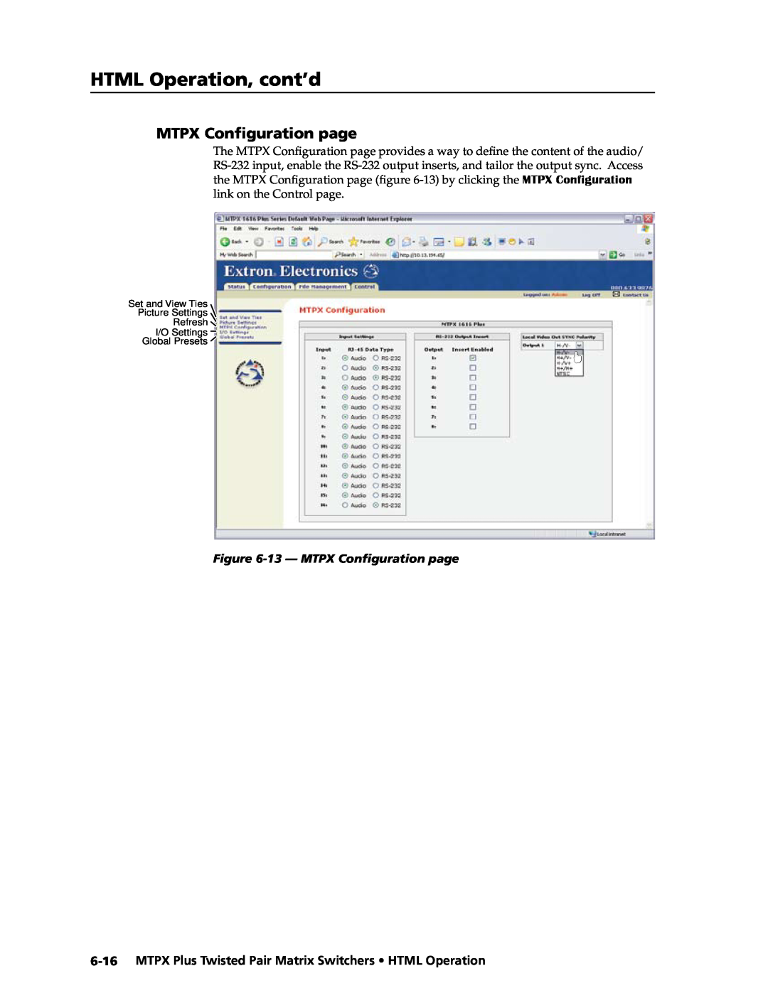 Extron electronic MTPX Plus Series manual HTML Operation, cont’d, 13 - MTPX Configuration page 