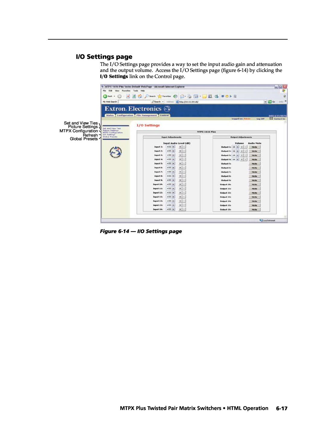 Extron electronic MTPX Plus Series 14 - I/O Settings page, MTPX Plus Twisted Pair Matrix Switchers HTML Operation 