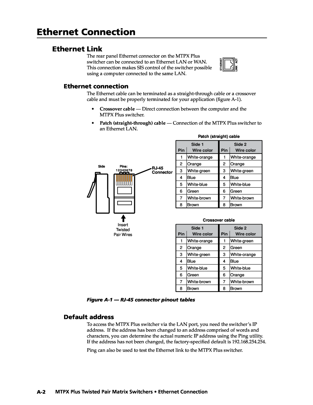 Extron electronic MTPX Plus Series manual Ethernet Connection, Ethernet Link, Default address, Ethernet connection 