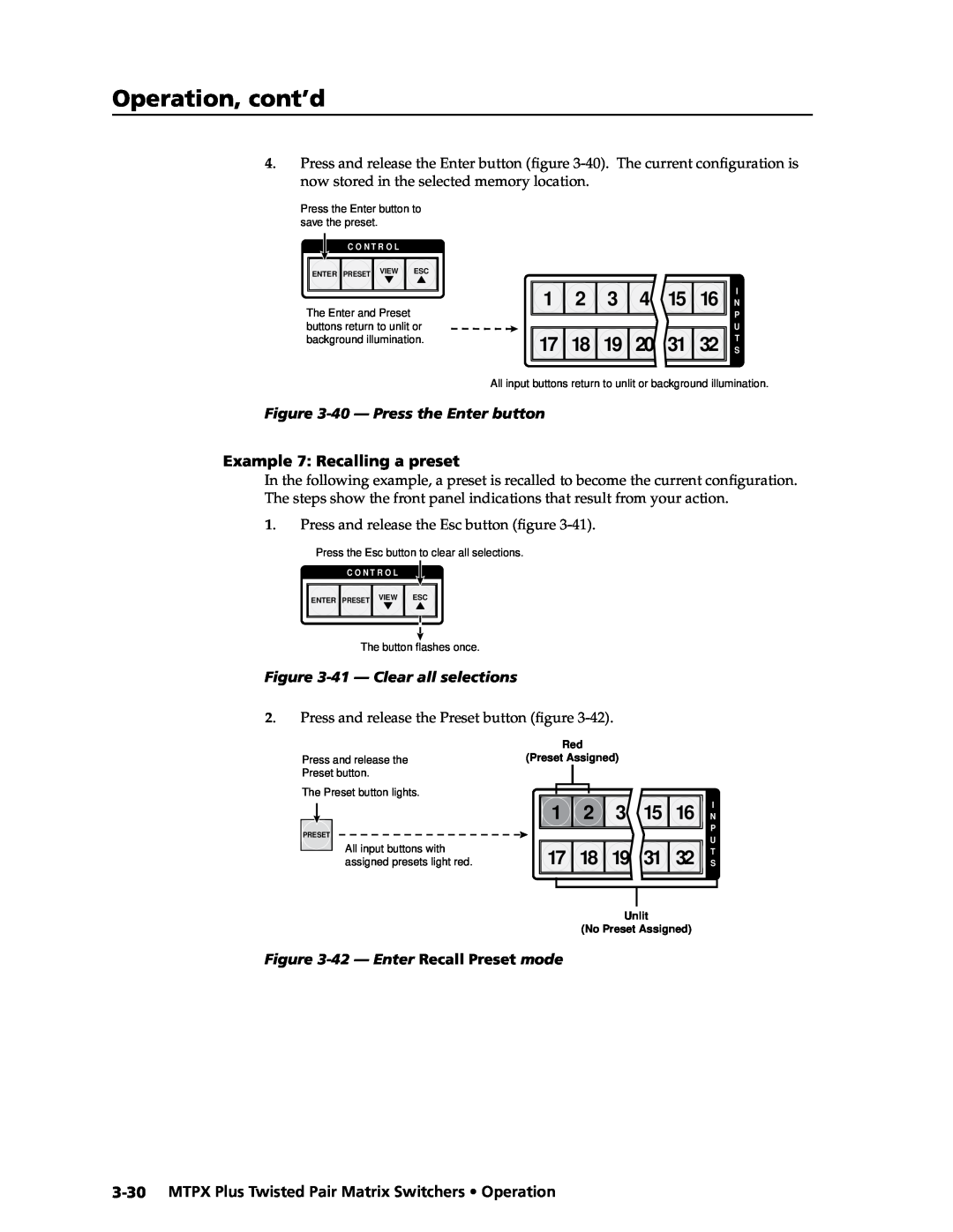 Extron electronic MTPX Plus Series 1 2 3 4, Operation, cont’d, 40 - Press the Enter button, Example 7 Recalling a preset 