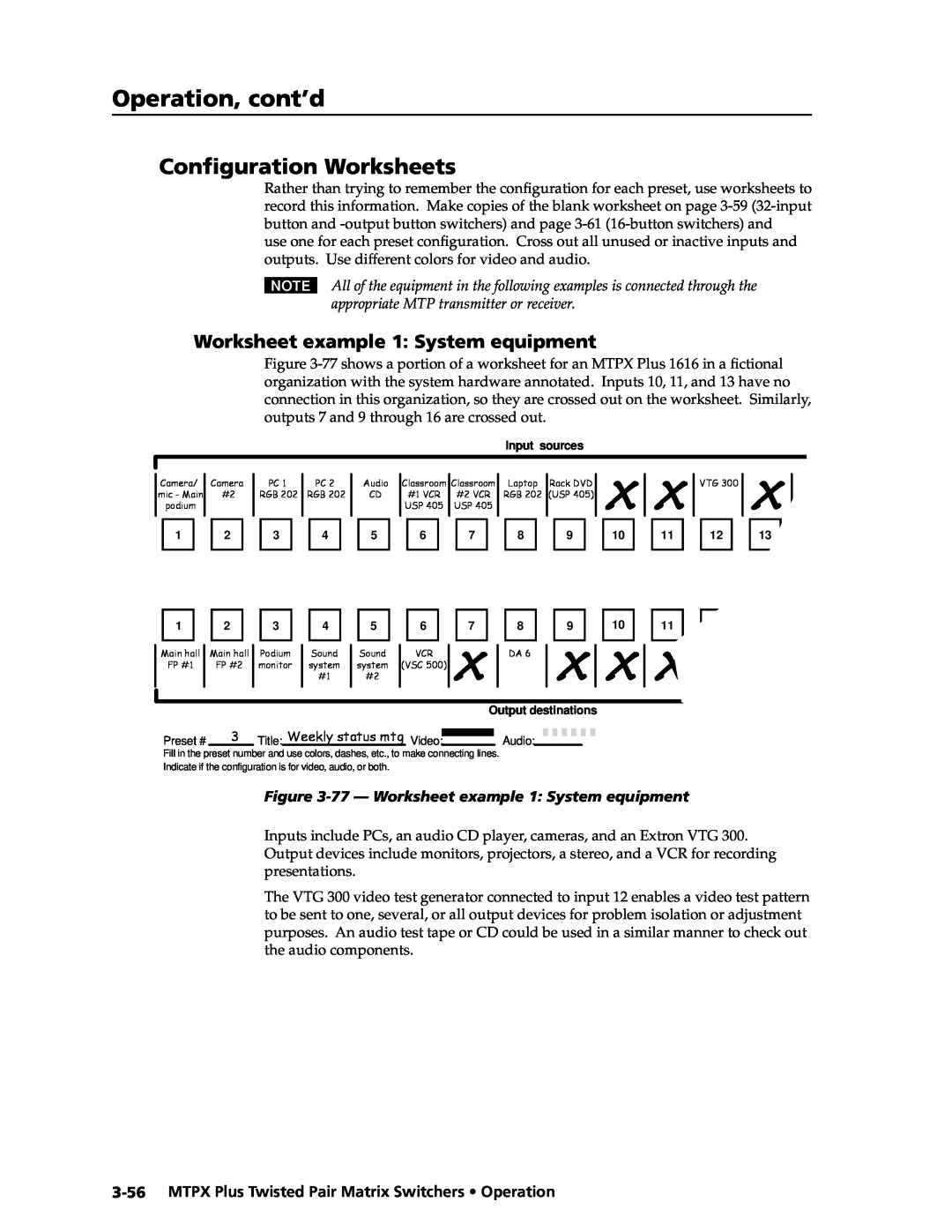 Extron electronic MTPX Plus Series manual Configuration Worksheets, Worksheet example 1 System equipment, Operation, cont’d 