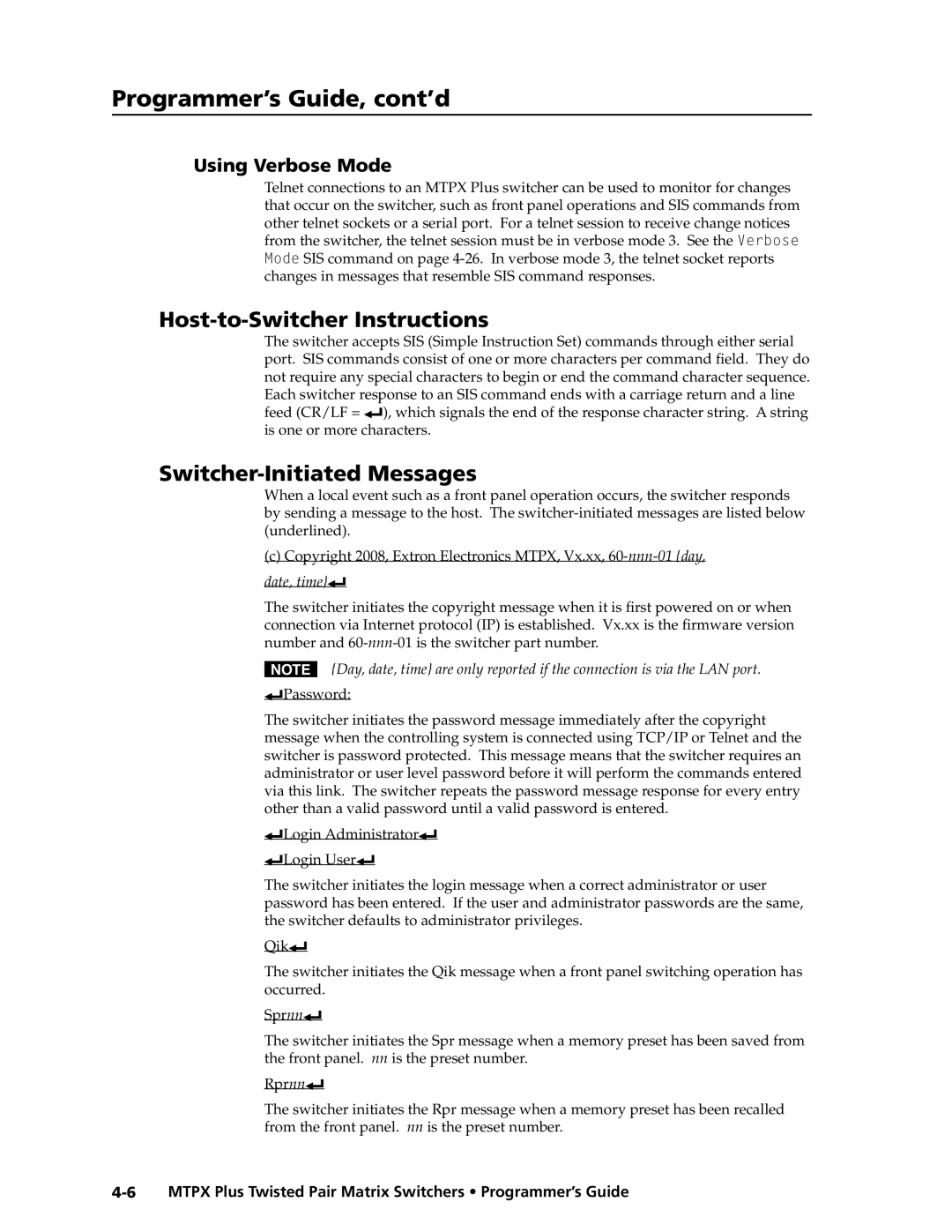 Extron electronic MTPX Plus Series manual Host-to-Switcher Instructions, Switcher-Initiated Messages, Using Verbose Mode 