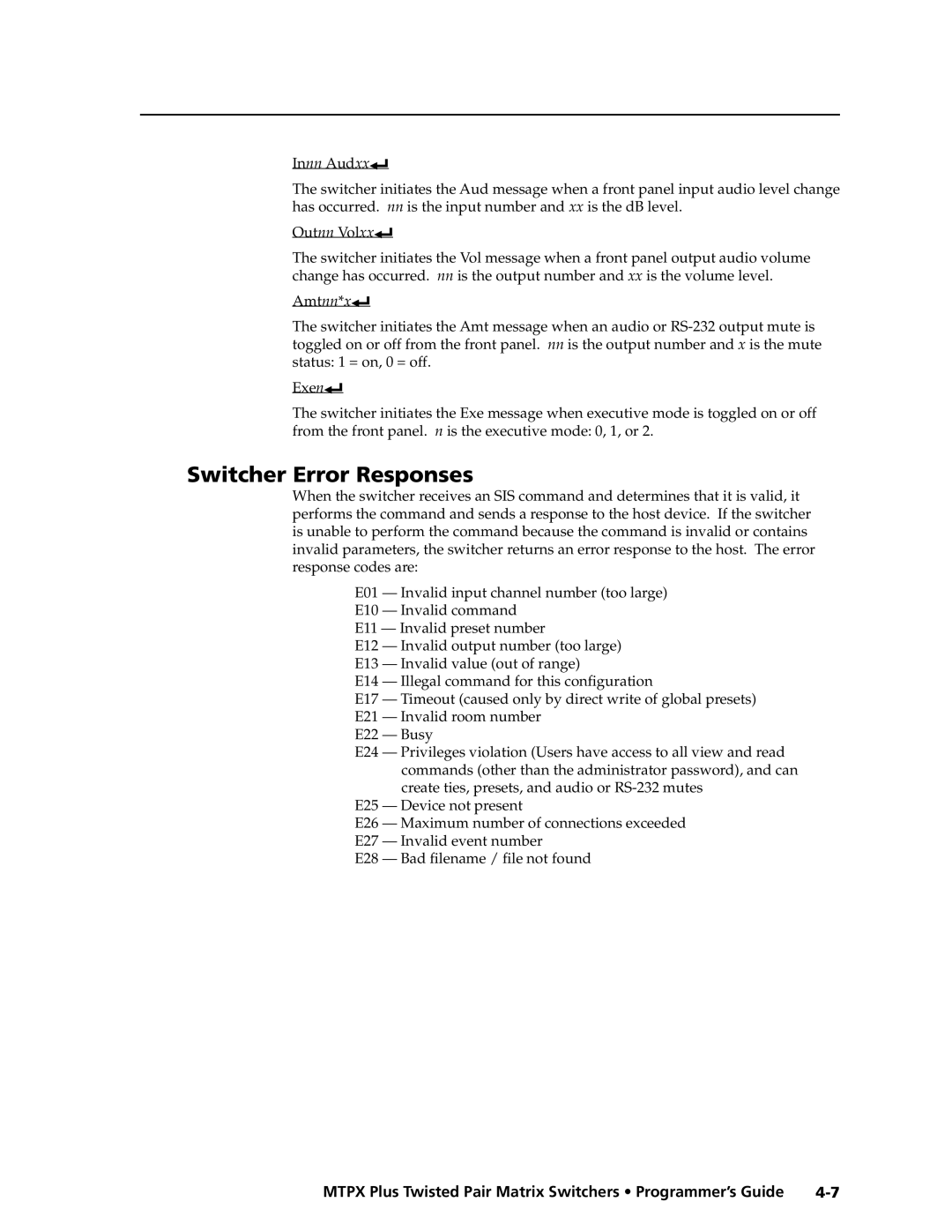 Extron electronic MTPX Plus Series manual Switcher Error Responses, E26 Maximum number of connections exceeded 