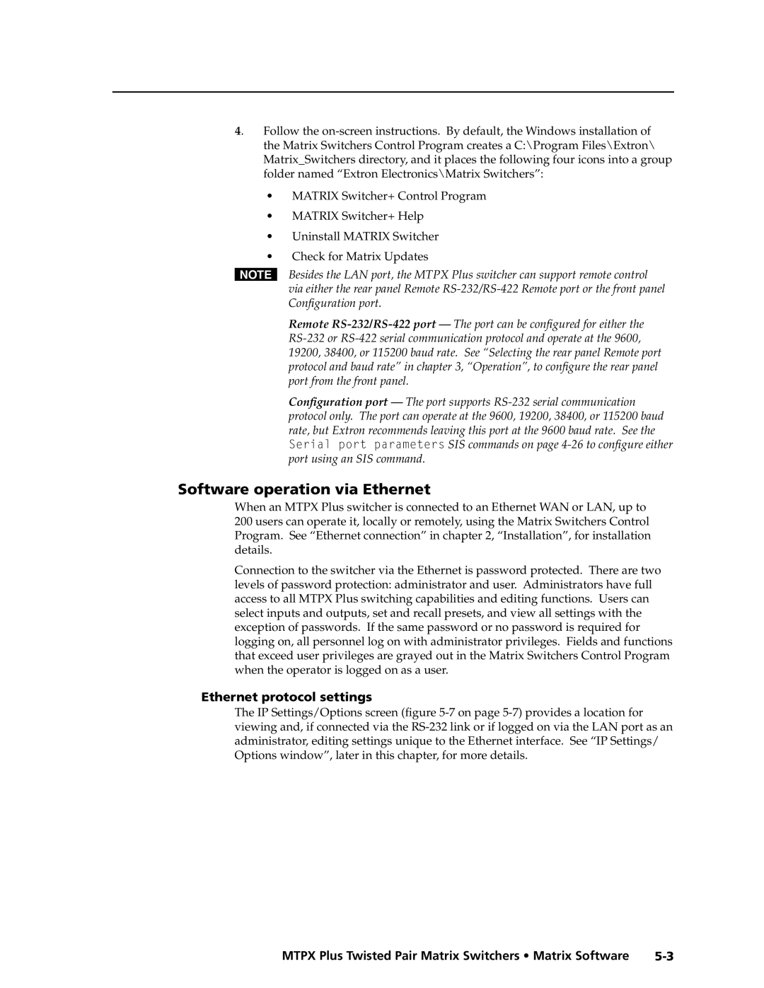 Extron electronic MTPX Plus Series manual Software operation via Ethernet, Ethernet protocol settings 