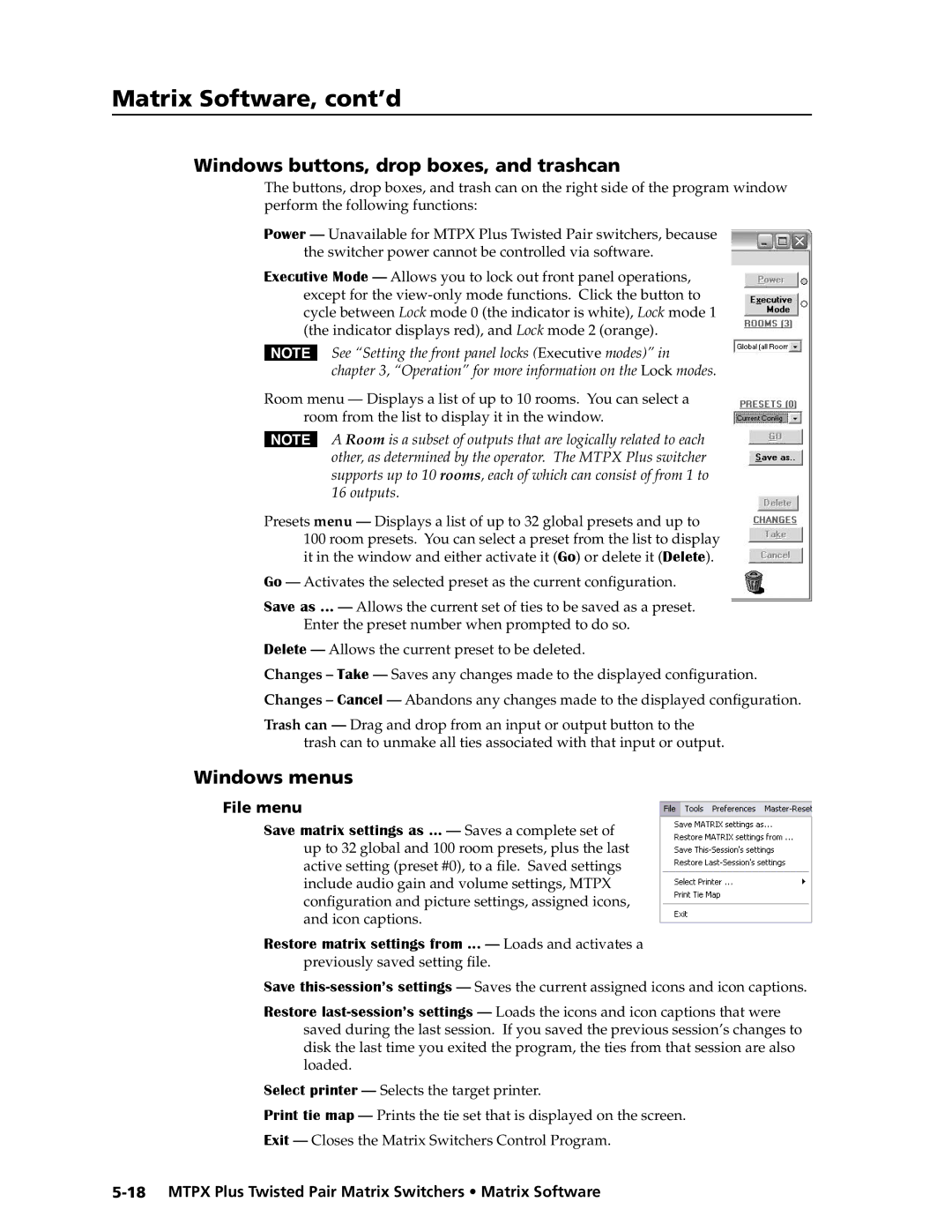 Extron electronic MTPX Plus Series manual Windows buttons, drop boxes, and trashcan, Windows menus, File menu 