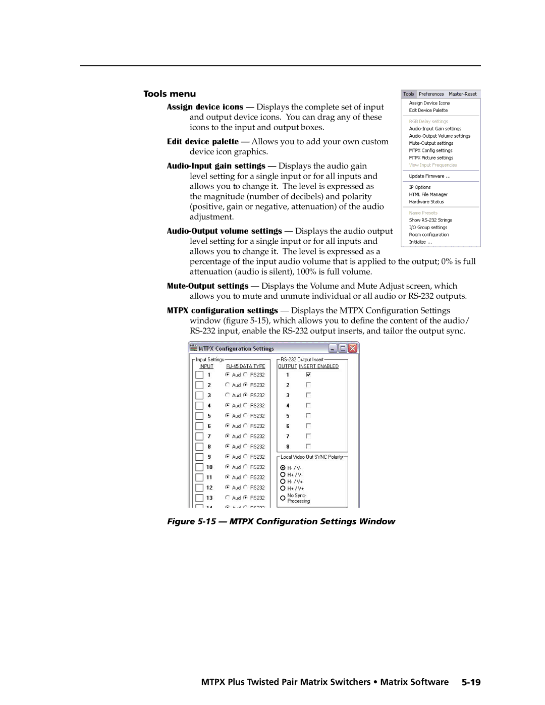 Extron electronic MTPX Plus Series manual Tools menu, Mtpx Configuration Settings Window 