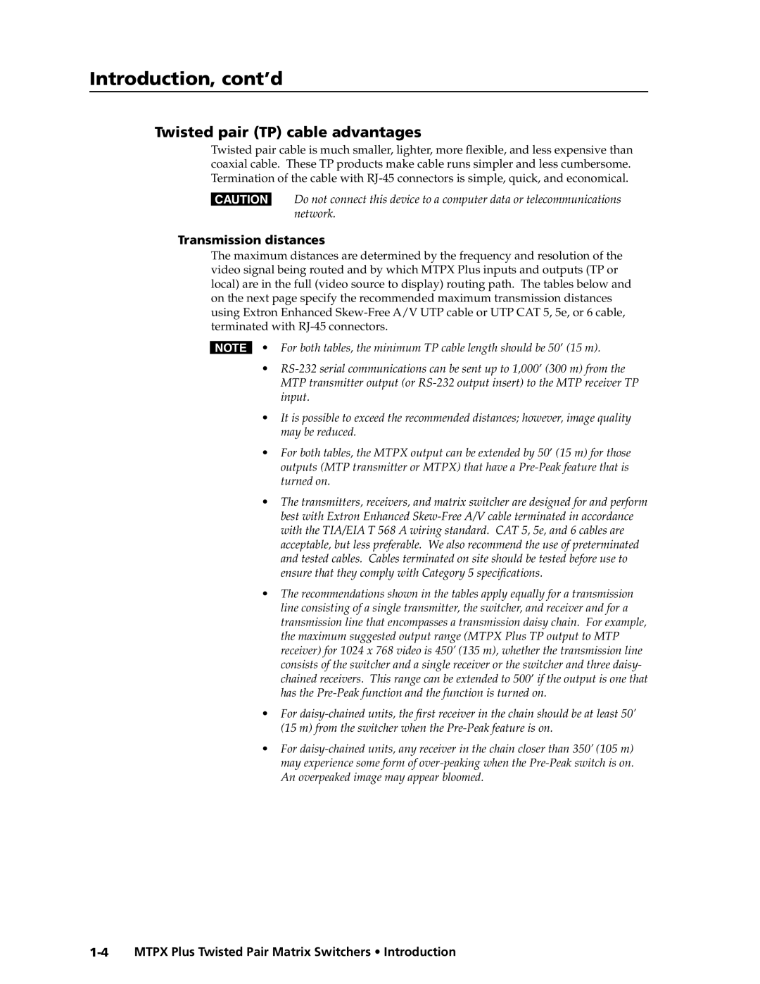 Extron electronic MTPX Plus Series manual Twisted pair TP cable advantages, Transmission distances 