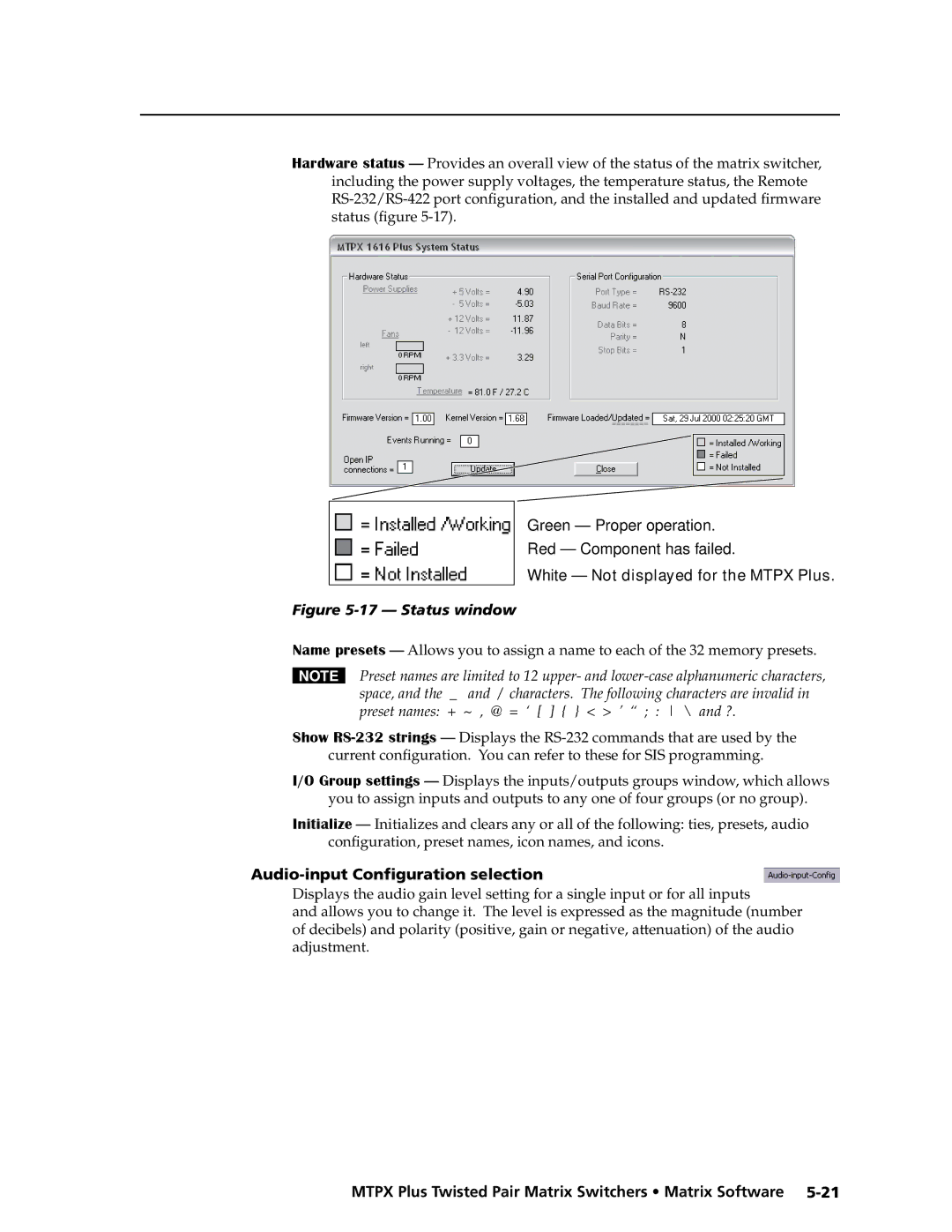 Extron electronic MTPX Plus Series manual White Not displayed for the Mtpx Plus, Audio-input Configuration selection 