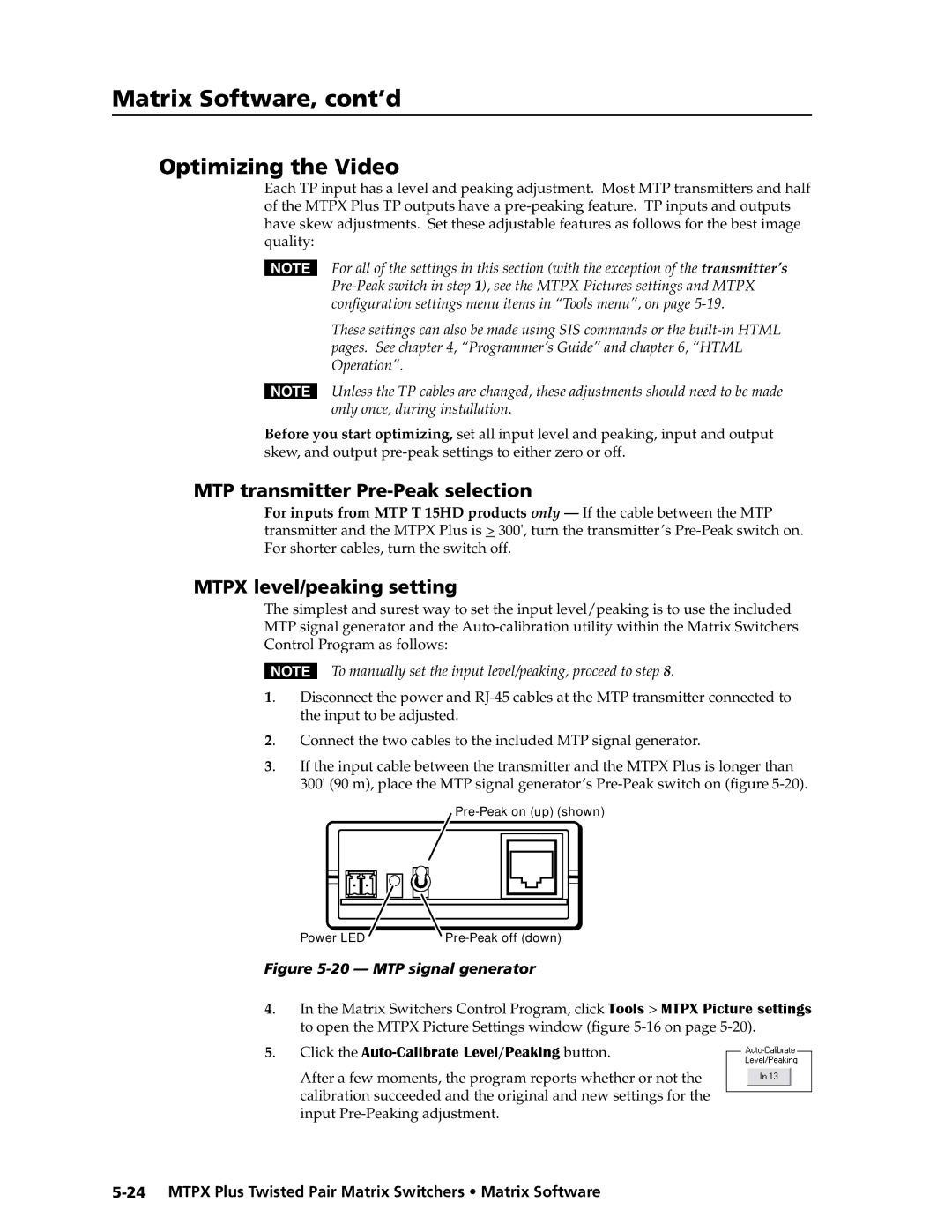 Extron electronic MTPX Plus Series Optimizing the Video, MTP transmitter Pre-Peak selection, Mtpx level/peaking setting 