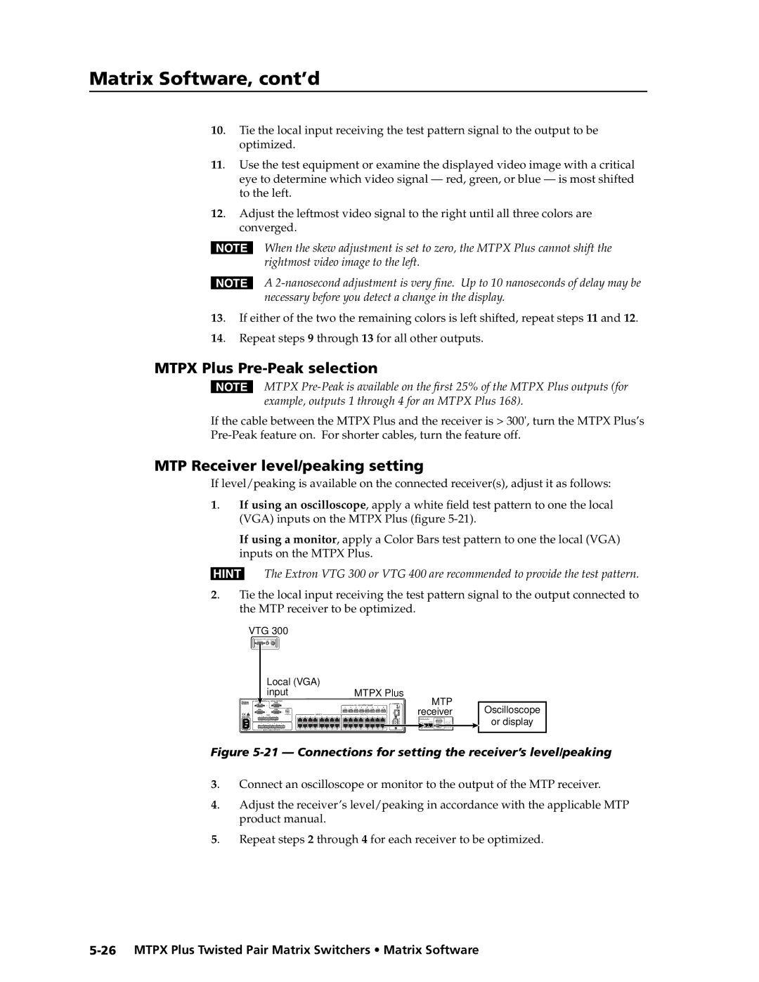 Extron electronic MTPX Plus Series Mtpx Plus Pre-Peak selection, MTP Receiver level/peaking setting, Product manual 