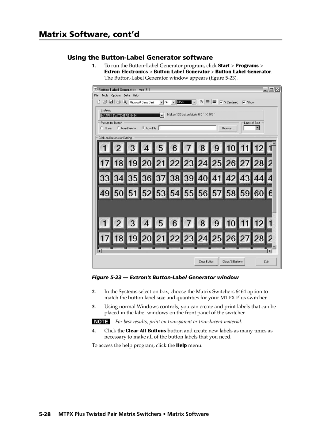 Extron electronic MTPX Plus Series manual Using the Button-Label Generator software, Extron’s Button-Label Generator window 