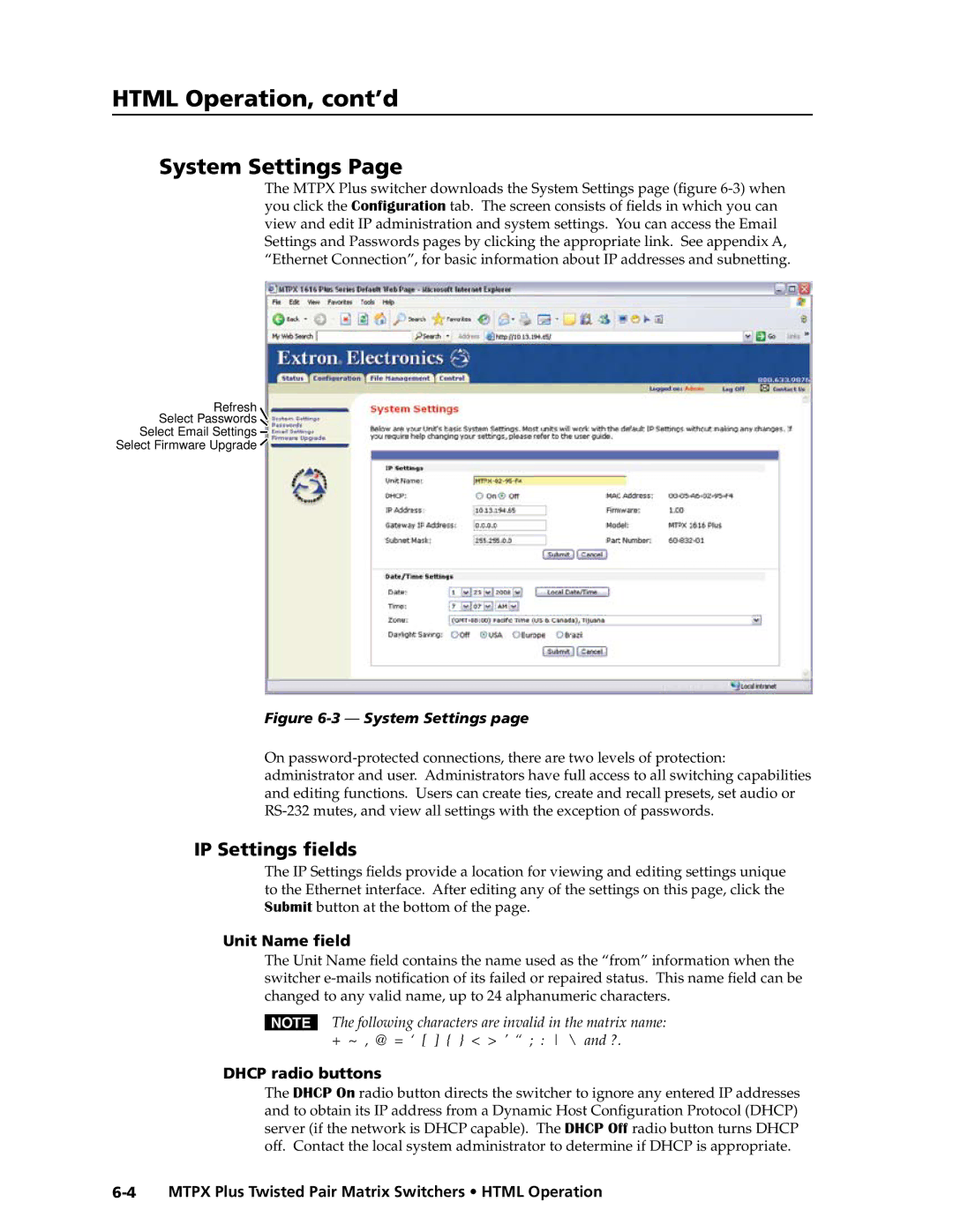 Extron electronic MTPX Plus Series manual System Settings, IP Settings fields, Unit Name field, Dhcp radio buttons 