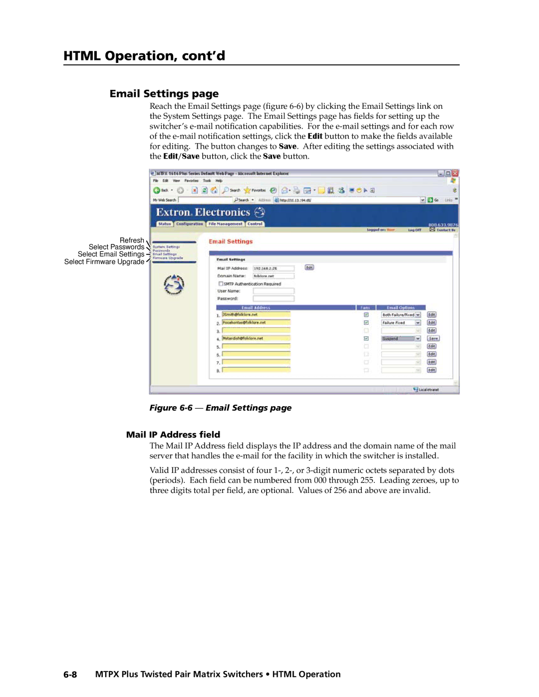 Extron electronic MTPX Plus Series manual Email Settings, Mail IP Address field 