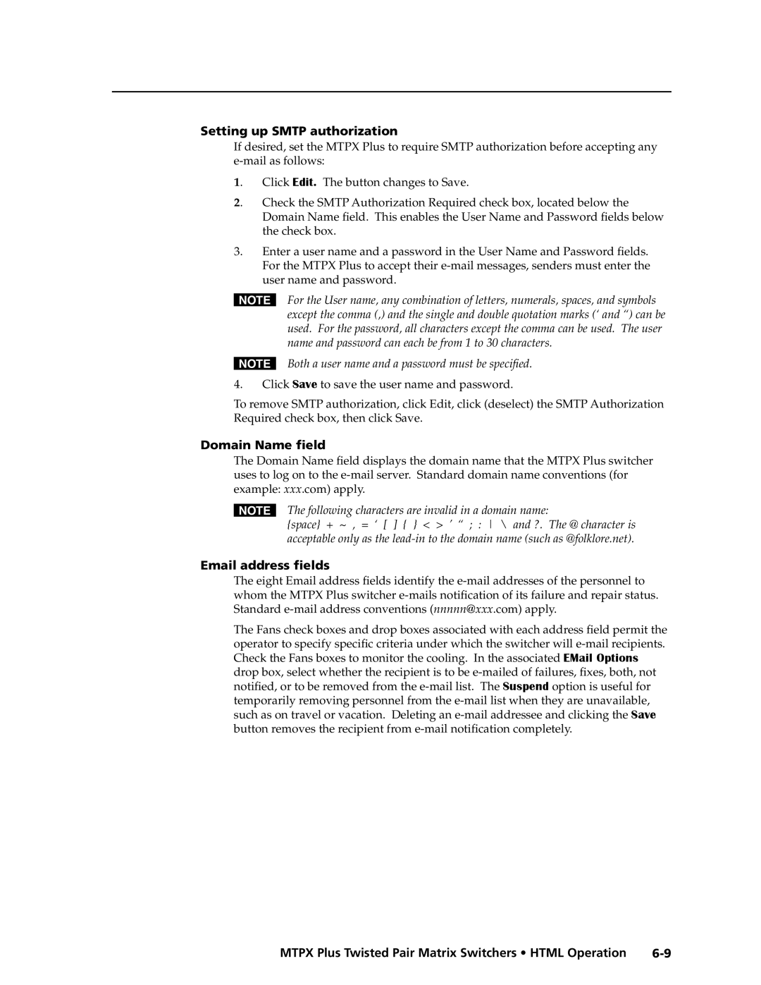 Extron electronic MTPX Plus Series manual Setting up Smtp authorization, Domain Name field, Email address fields 