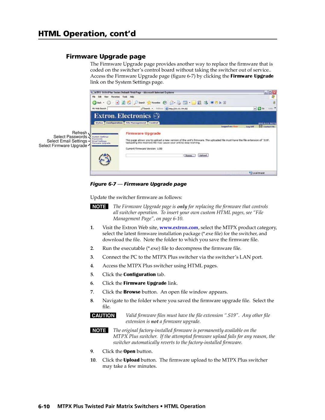 Extron electronic MTPX Plus Series manual Firmware Upgrade, Access the Mtpx Plus switcher using Html pages, File 