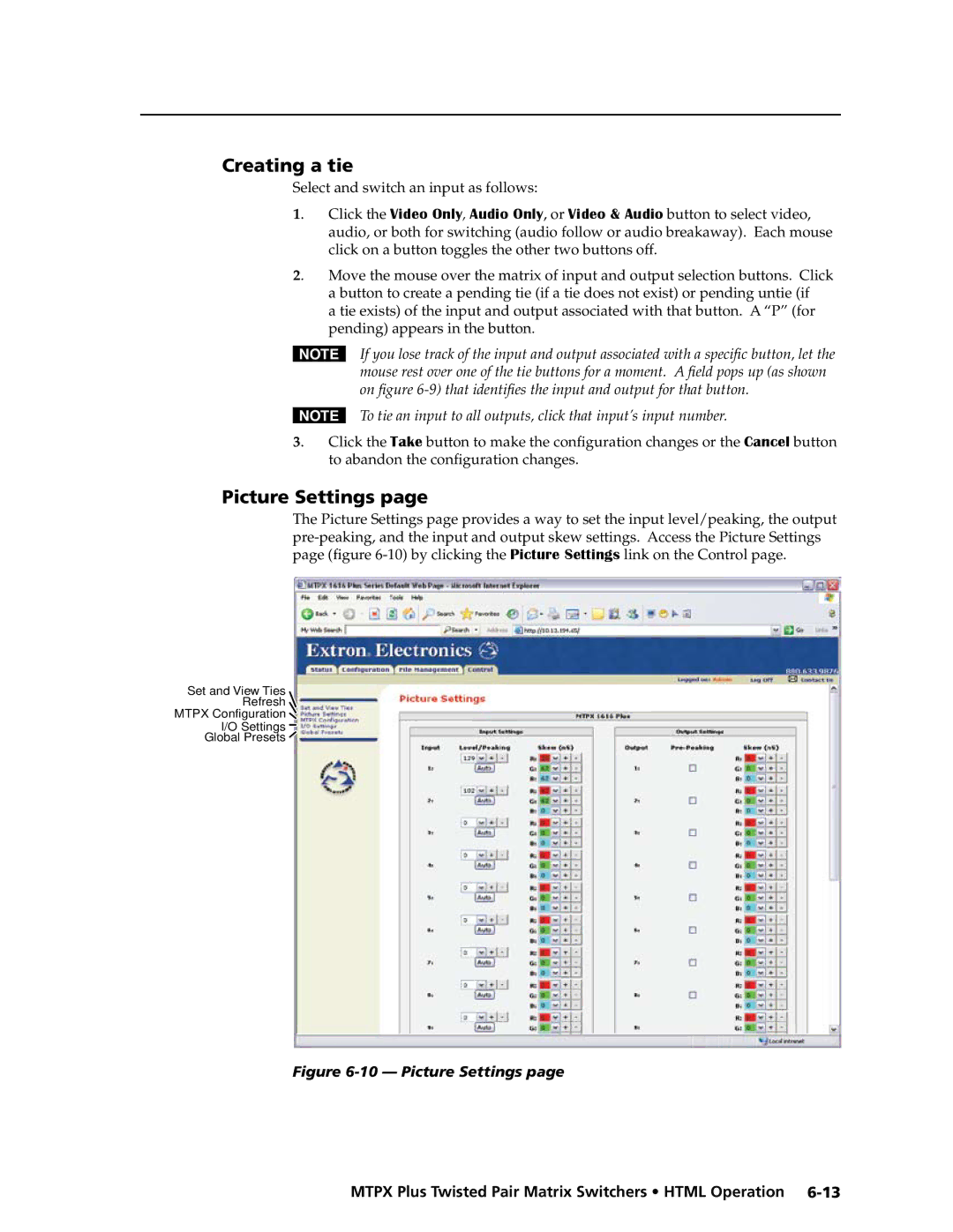 Extron electronic MTPX Plus Series manual Creating a tie, Picture Settings 