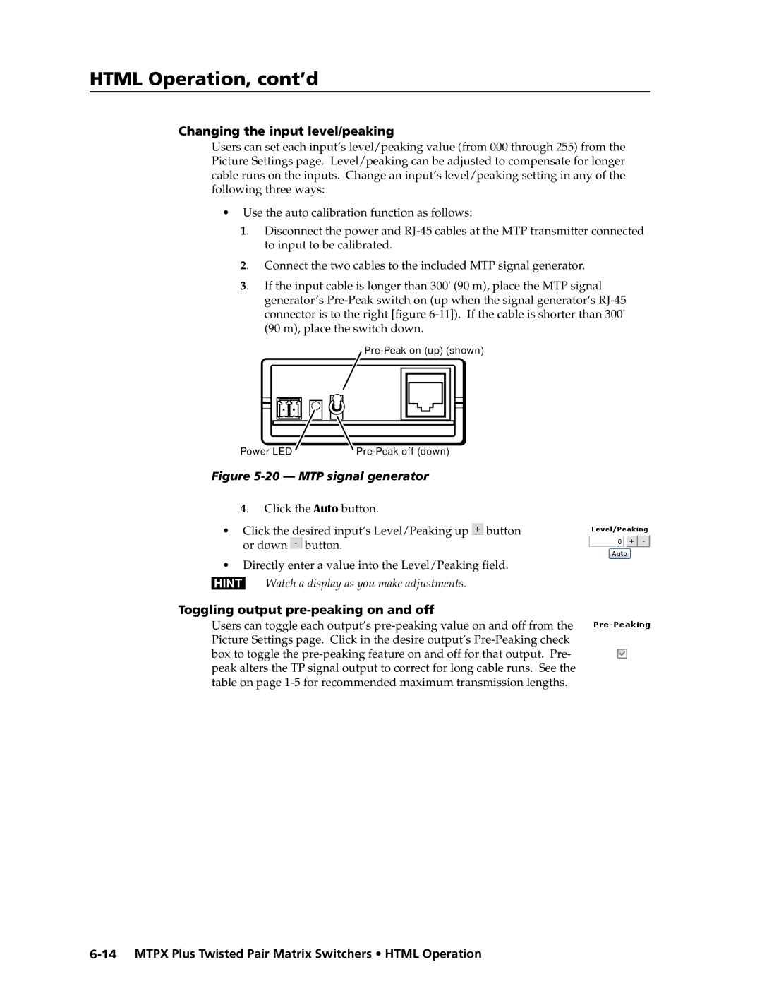 Extron electronic MTPX Plus Series manual Changing the input level/peaking, Toggling output pre-peaking on and off 