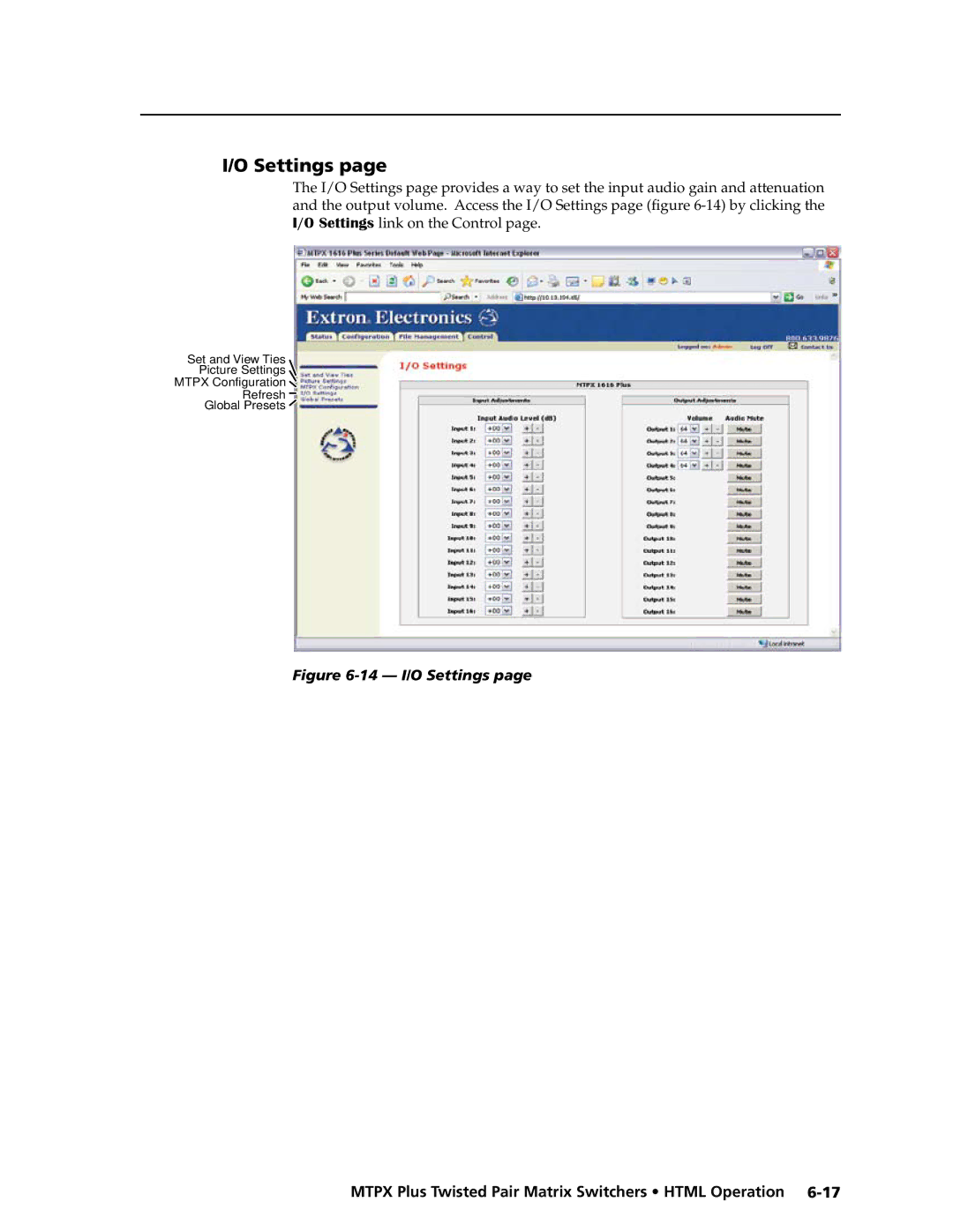 Extron electronic MTPX Plus Series manual Output volume. Access the I/O Settings page -14 by clicking 