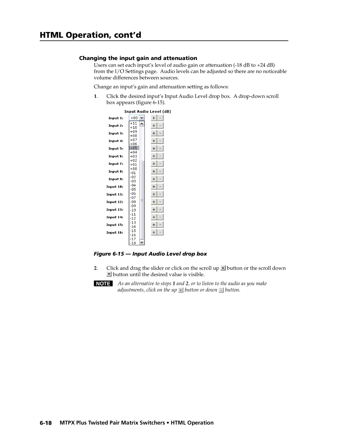 Extron electronic MTPX Plus Series manual Changing the input gain and attenuation, Input Audio Level drop box 