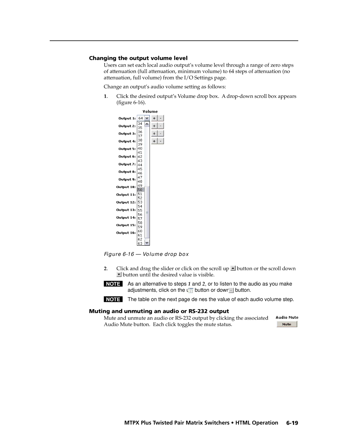 Extron electronic MTPX Plus Series manual Changing the output volume level, Muting and unmuting an audio or RS-232 output 