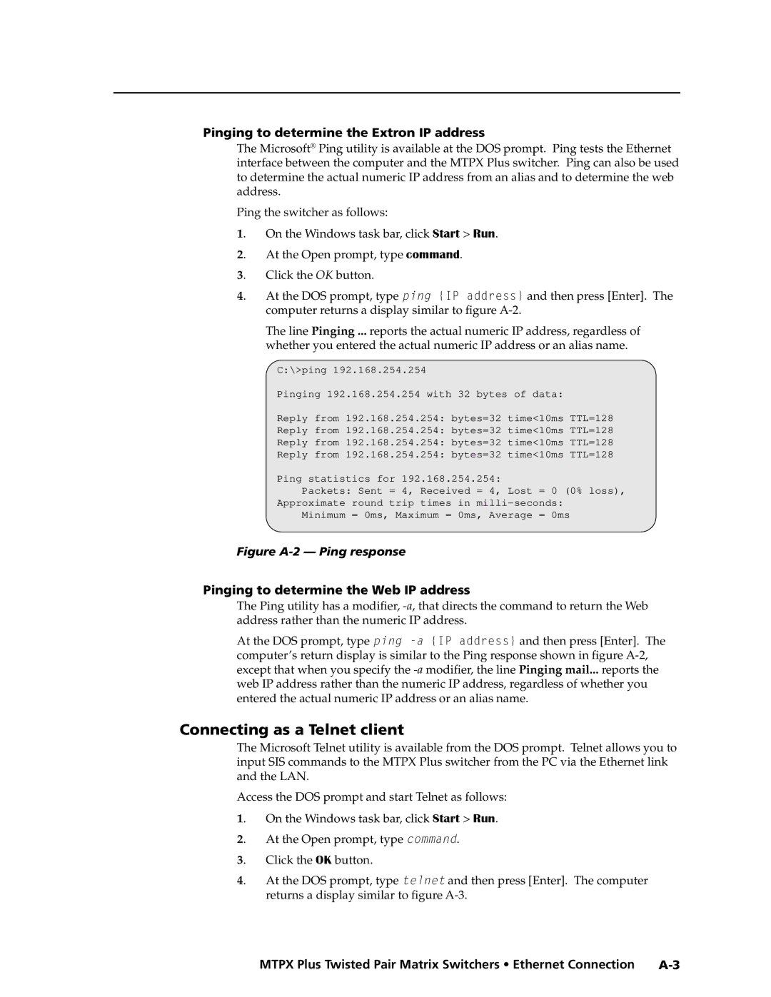 Extron electronic MTPX Plus Series manual Connecting as a Telnet client, Pinging to determine the Extron IP address 