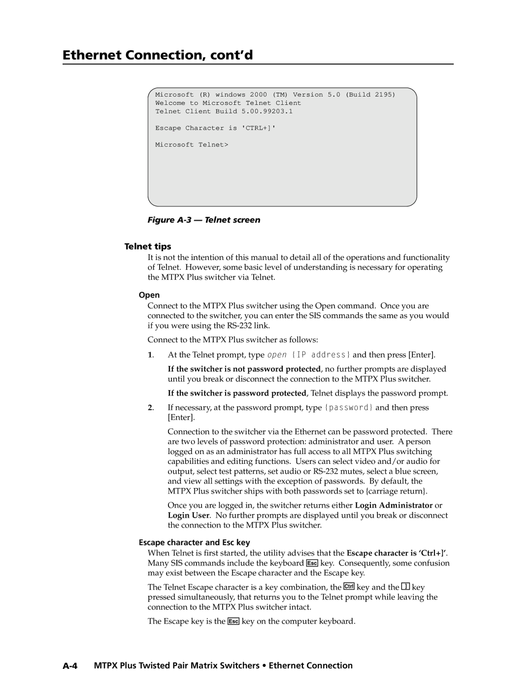 Extron electronic MTPX Plus Series manual Telnet tips, Open, Escape character and Esc key 