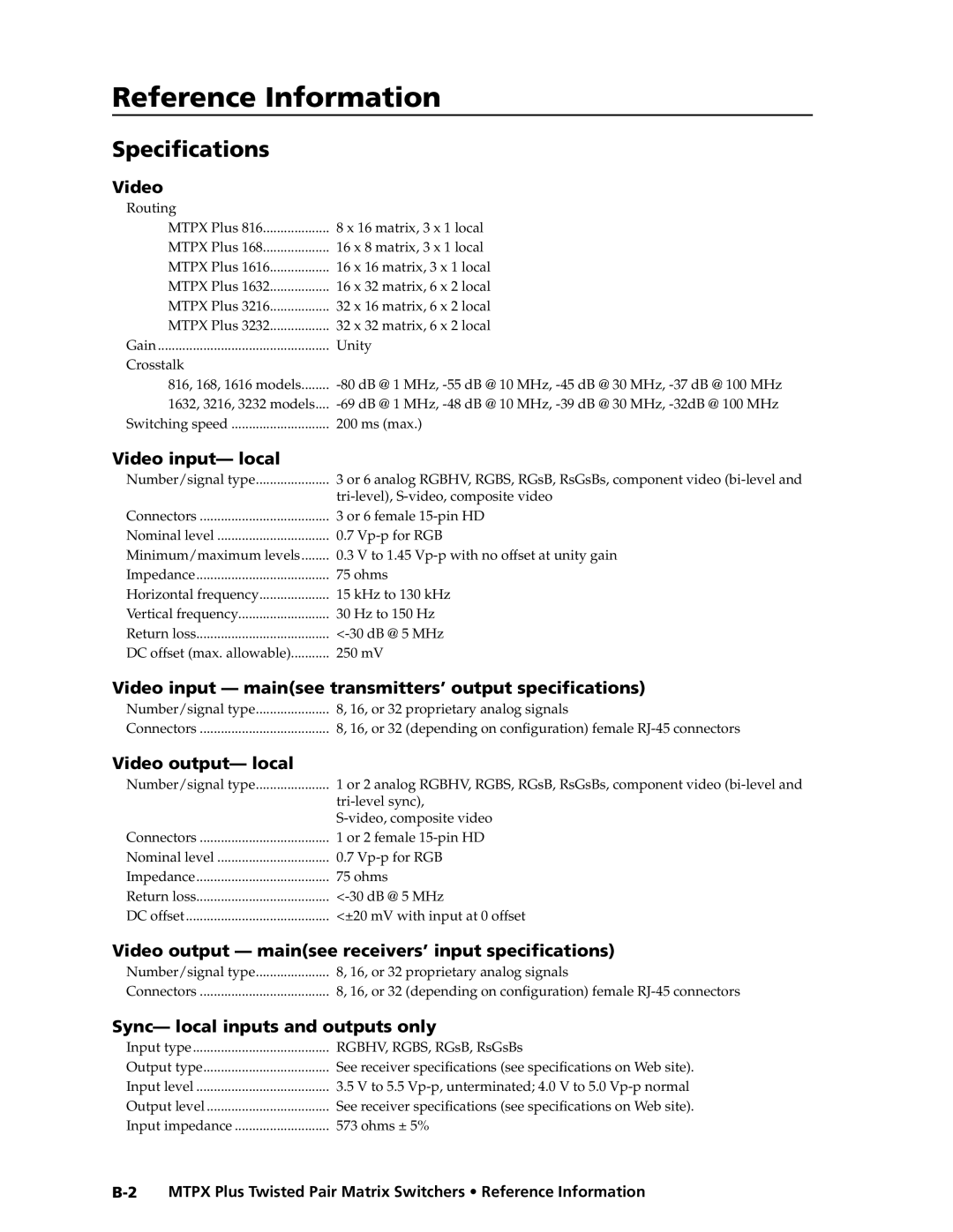 Extron electronic MTPX Plus Series manual Reference Information, Specifications 