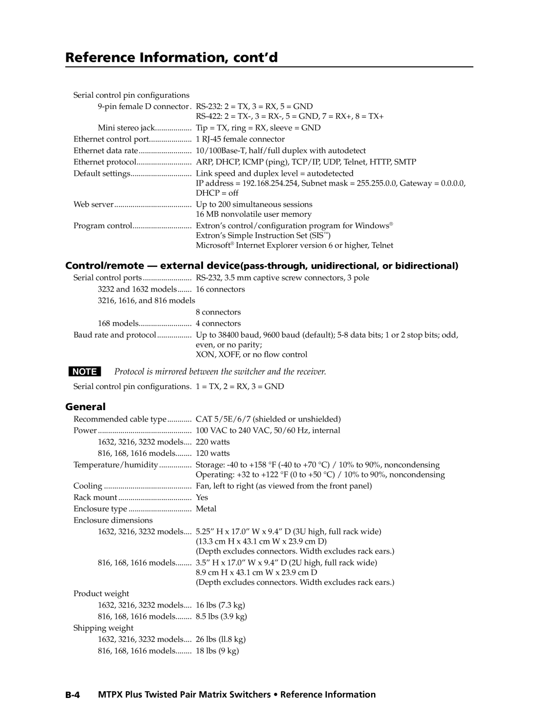 Extron electronic MTPX Plus Series manual Reference Information, cont’d 