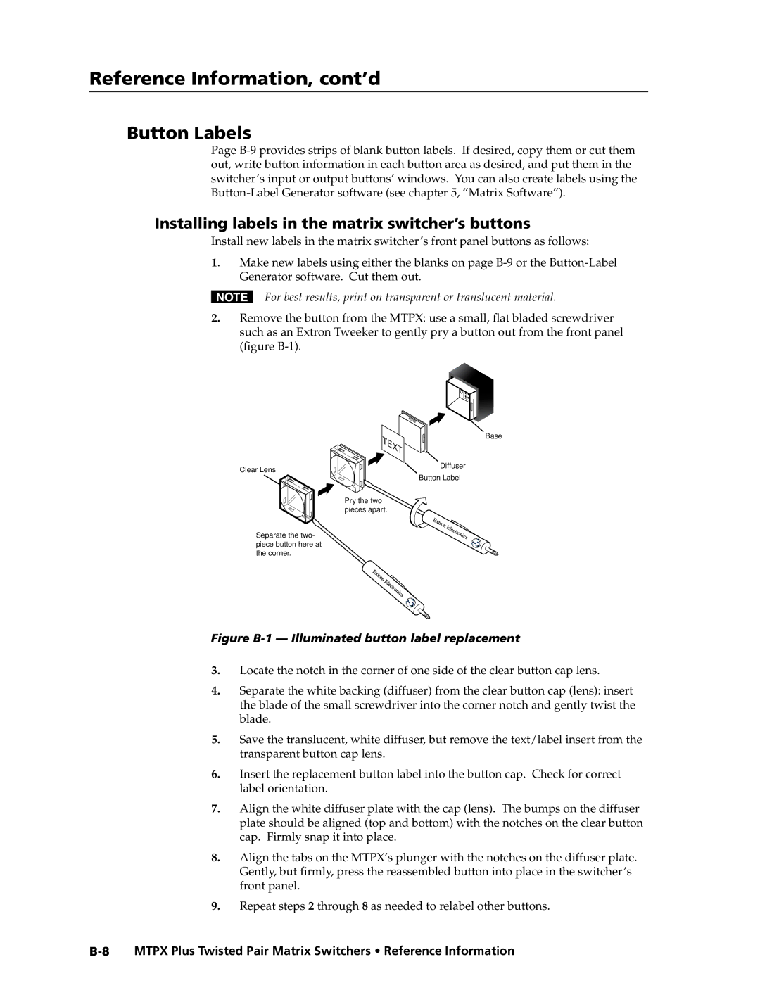 Extron electronic MTPX Plus Series manual Button Labels, Installing labels in the matrix switcher’s buttons 