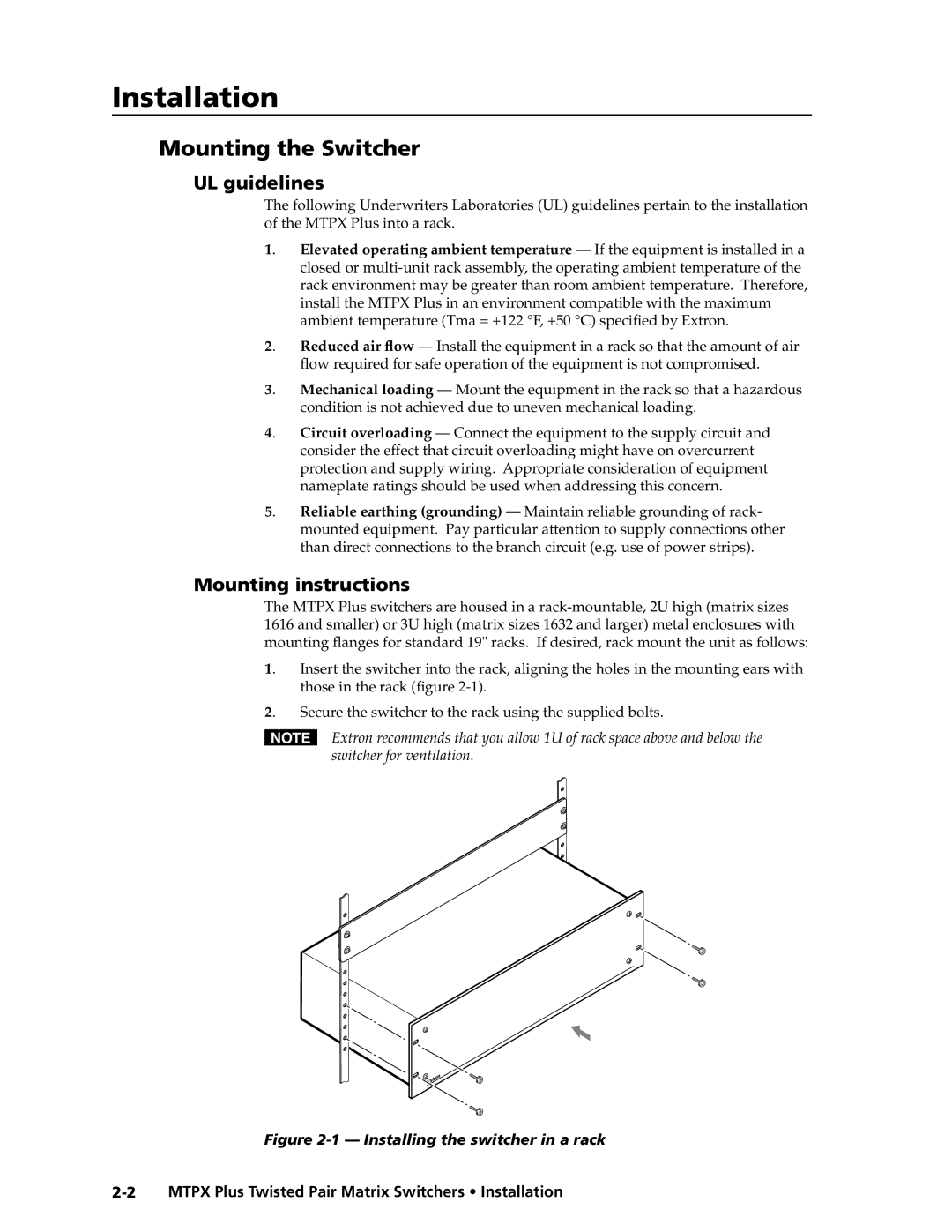 Extron electronic MTPX Plus Series manual Mounting the Switcher, UL guidelines, Mounting instructions 