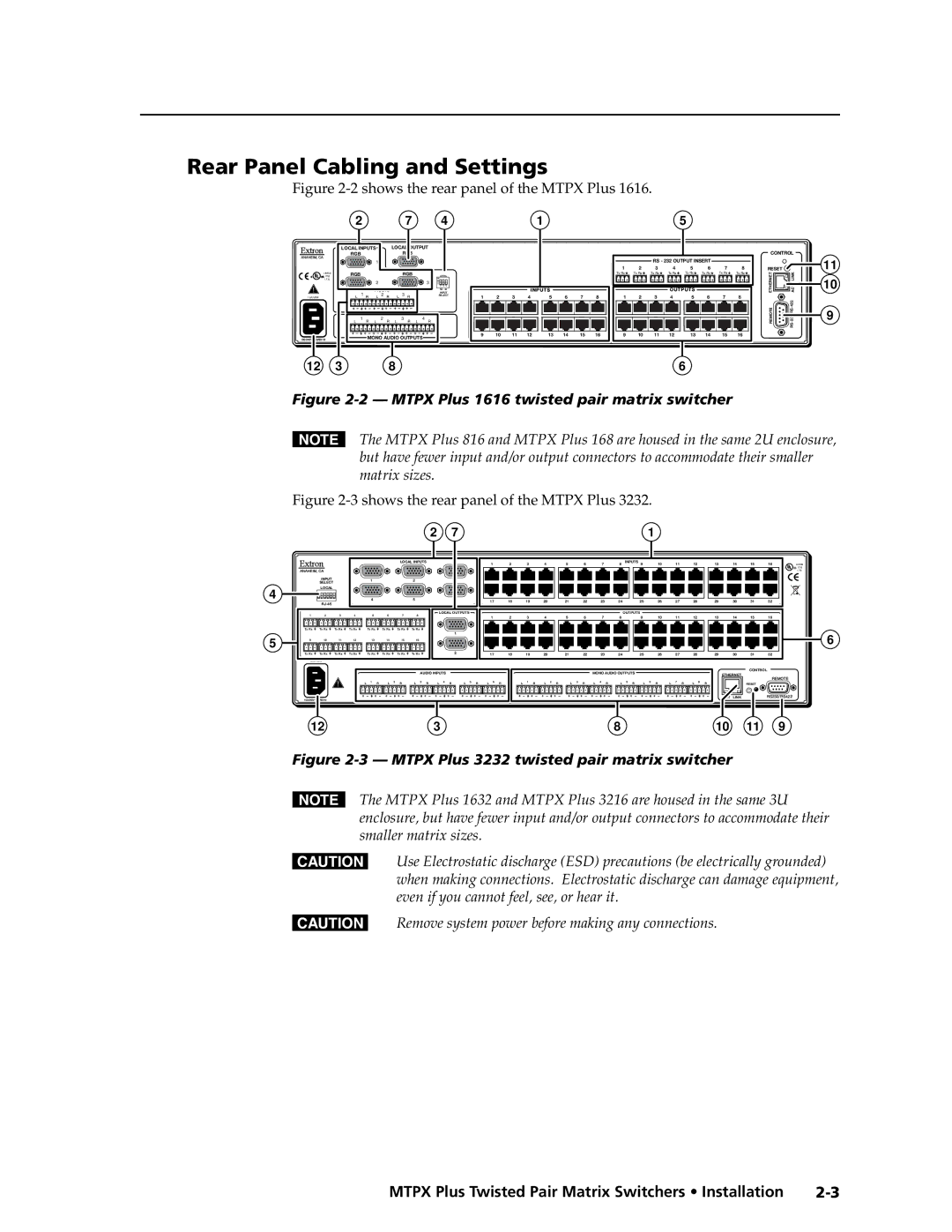 Extron electronic MTPX Plus Series manual Rear Panel Cabling and Settings, Shows the rear panel of the Mtpx Plus 