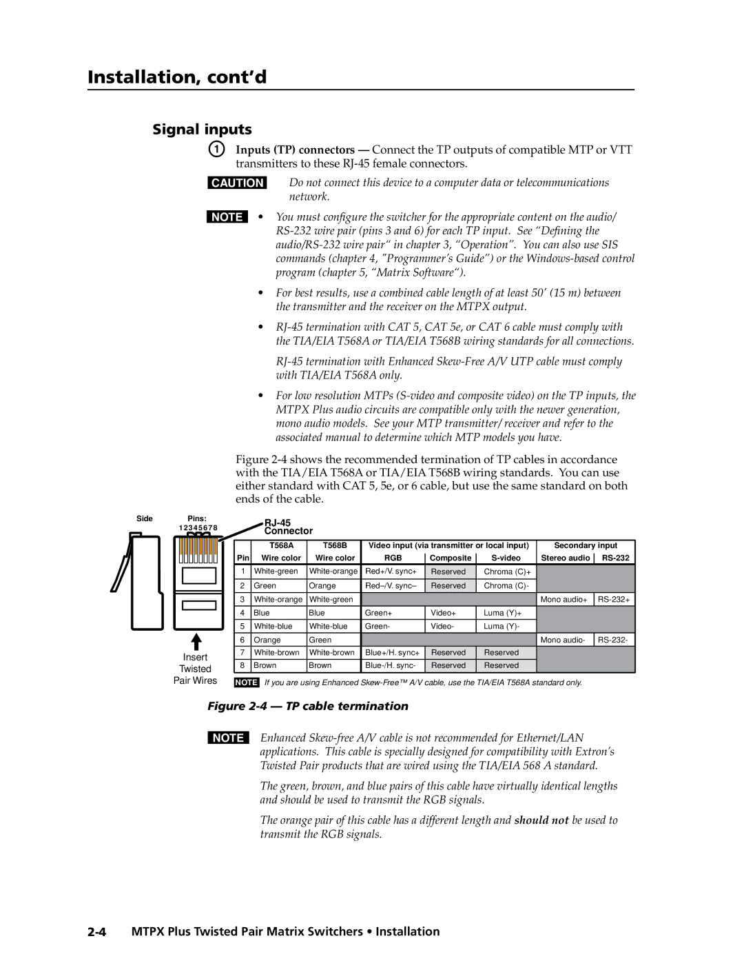 Extron electronic MTPX Plus Series manual Signal inputs, Transmitters to these RJ-45 female connectors 