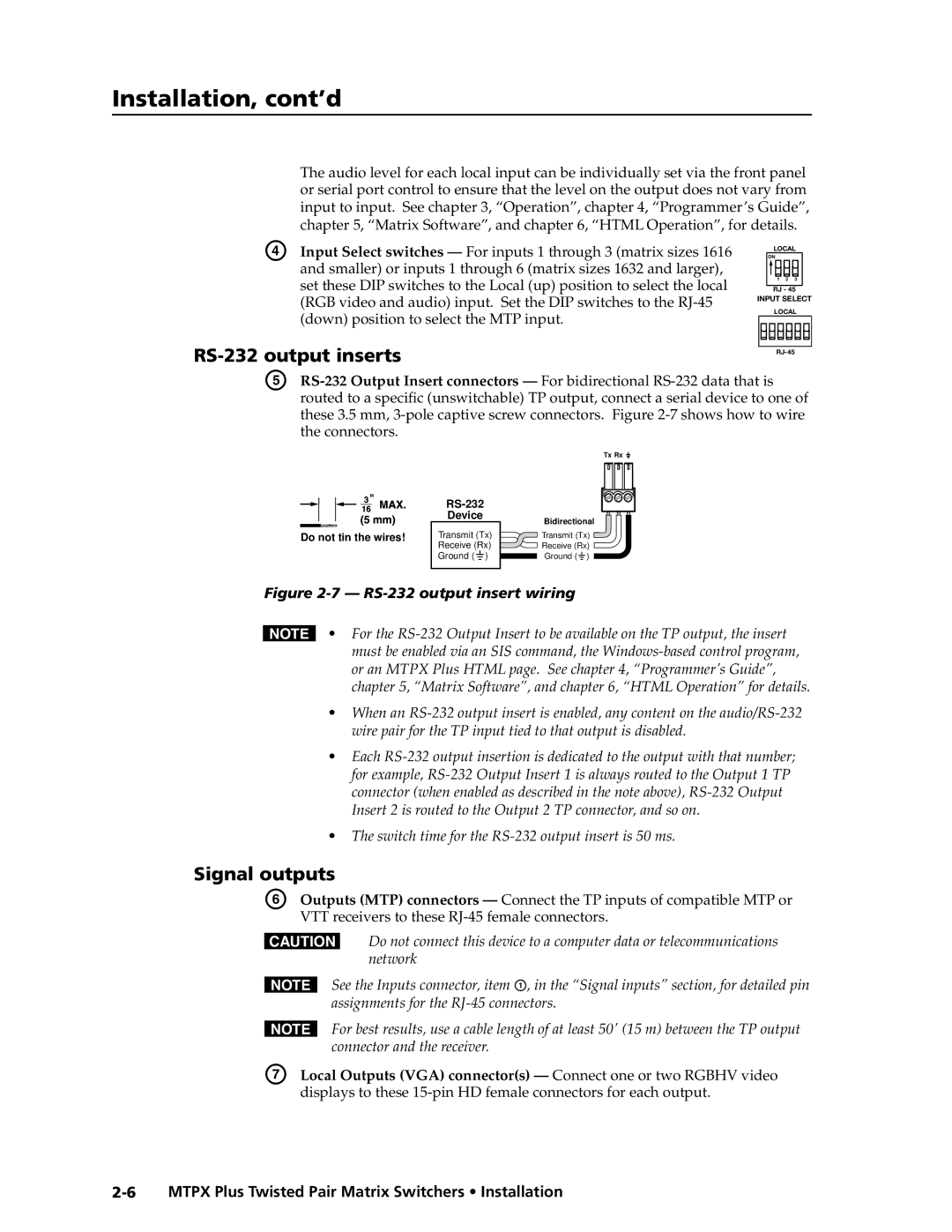 Extron electronic MTPX Plus Series manual RS-232 output inserts, Signal outputs, Down position to select the MTP input 