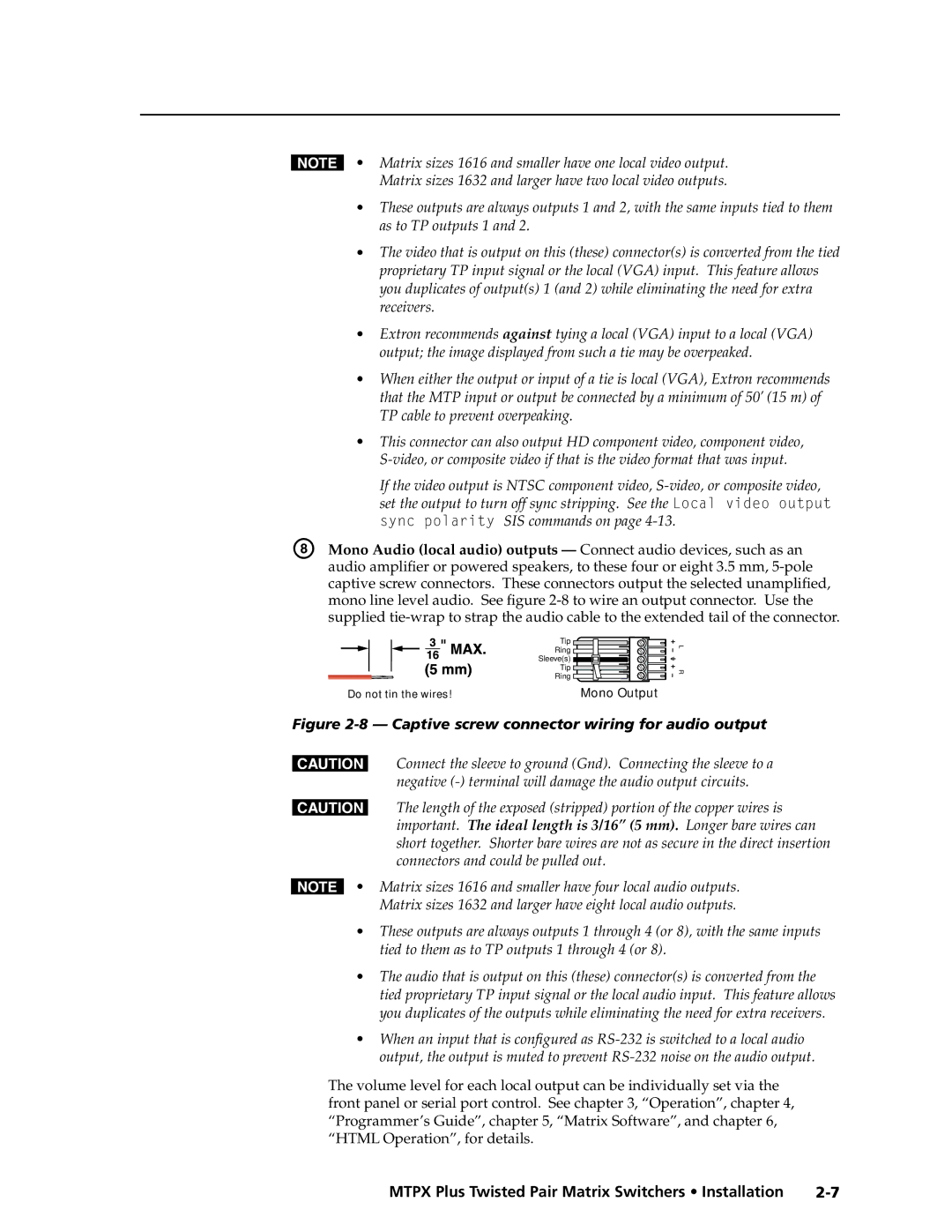 Extron electronic MTPX Plus Series manual Captive screw connector wiring for audio output 