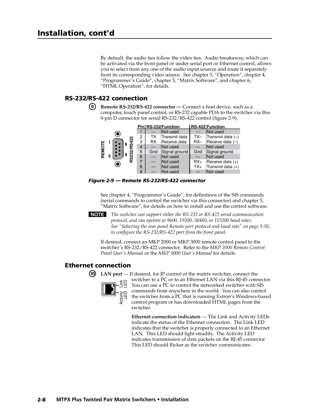 Extron electronic MTPX Plus Series manual RS-232/RS-422 connection, Ethernet connection 