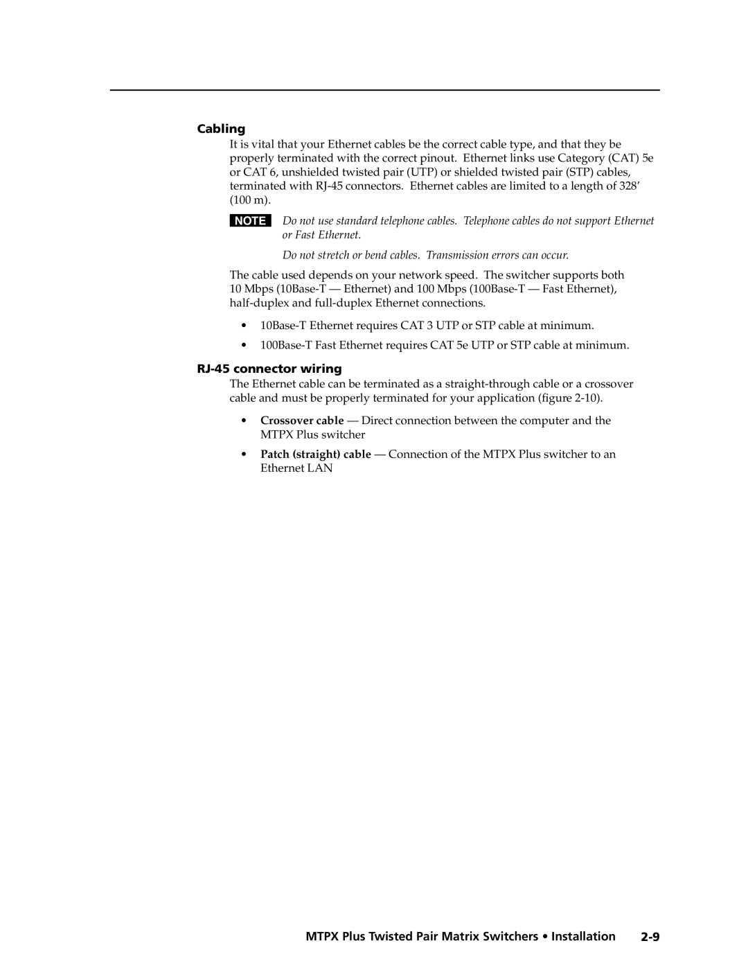 Extron electronic MTPX Plus Series manual Cabling, RJ-45 connector wiring 
