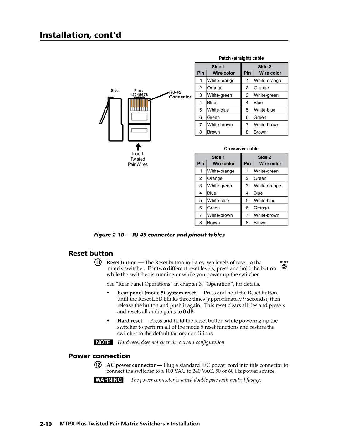 Extron electronic MTPX Plus Series manual Reset button, Power connection 