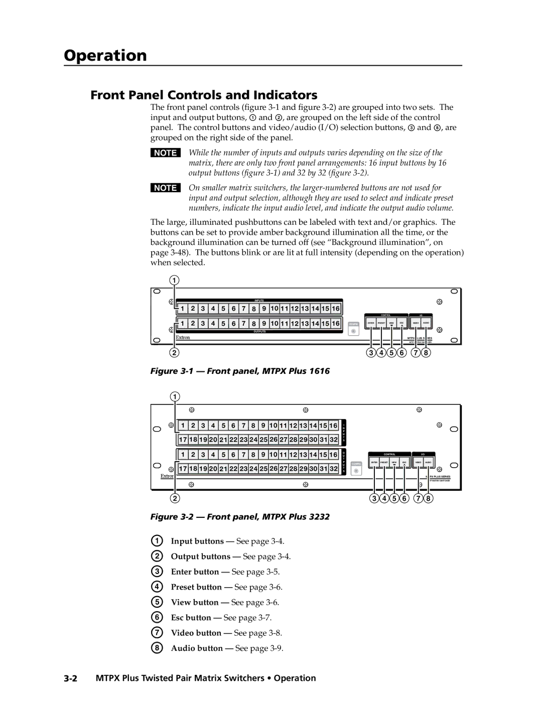 Extron electronic MTPX Plus Series Front Panel Controls and Indicators, Mtpx Plus Twisted Pair Matrix Switchers Operation 