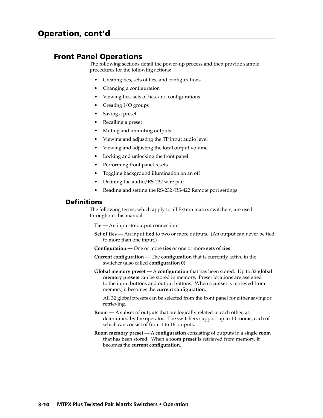 Extron electronic MTPX Plus Series manual Front Panel Operations, Definitions 